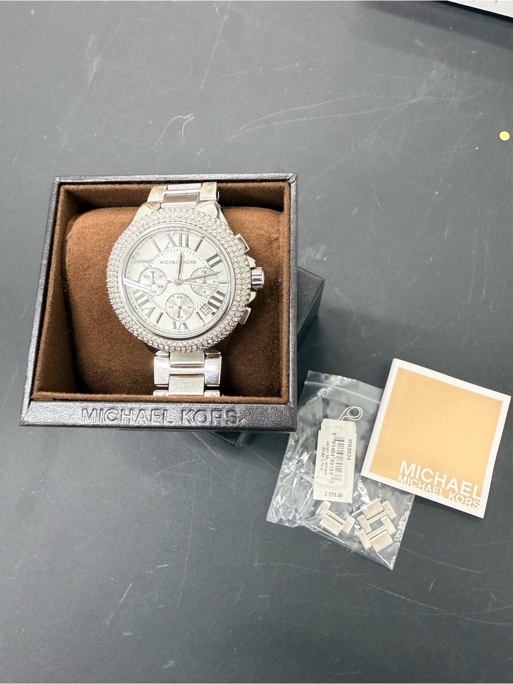 Michael Kors Men’s Silver Crystal-Embellished Chronograph Bracelet Watch